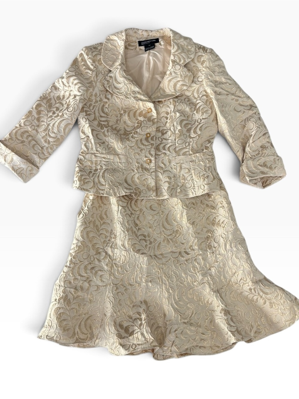 Jones New York Dress Petite Gold Brocade Jacket & Skirt Suit Set Women’s 8P